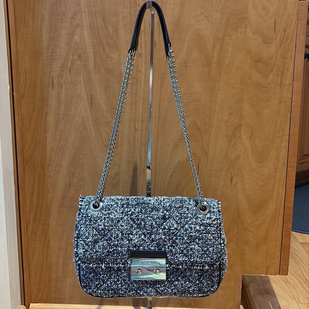 Michael Kors Sloan Large Admiral Tweed Shoulder Bag Navy Blue silver chevron - Picture 2 of 16